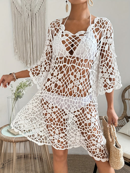 Boho Style Floral Hollow Out Knitted Semi Sheer Loose Fit Cover Up Dress Without Bikini, Women's Swimwear & Clothing