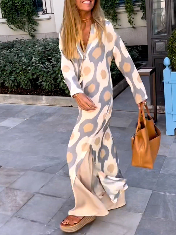 vmtvr - Long Sleeves Loose Printed V-Neck Maxi Dresses