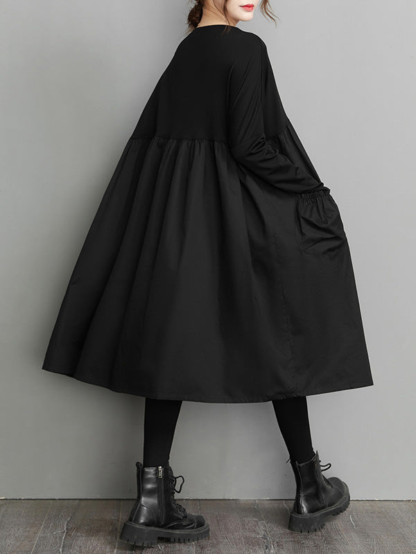 Simple Loose Black Split-Joint Long Sleeves Midi Dress