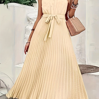 Solid Pleated Dress, Elegant Sleeveless Knotted Maxi Dress, Women's Clothing