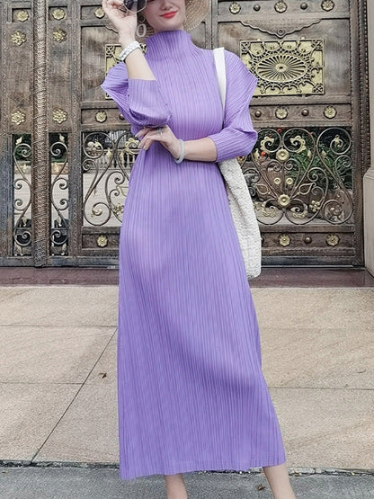 vmtvr - Original Creation Loose Long Sleeves Pleated Solid Color High-Neck Midi Dresses