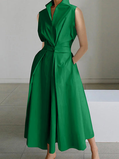 Sleeveless Solid Color Lapel Midi Dresses