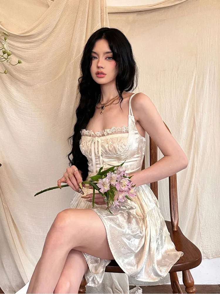 vmtvr - Sexy Solid White Stitching Lace Bra Corset style Spaghetti Strap Mini Dress Women Backless Party Skater Short Sling Robe