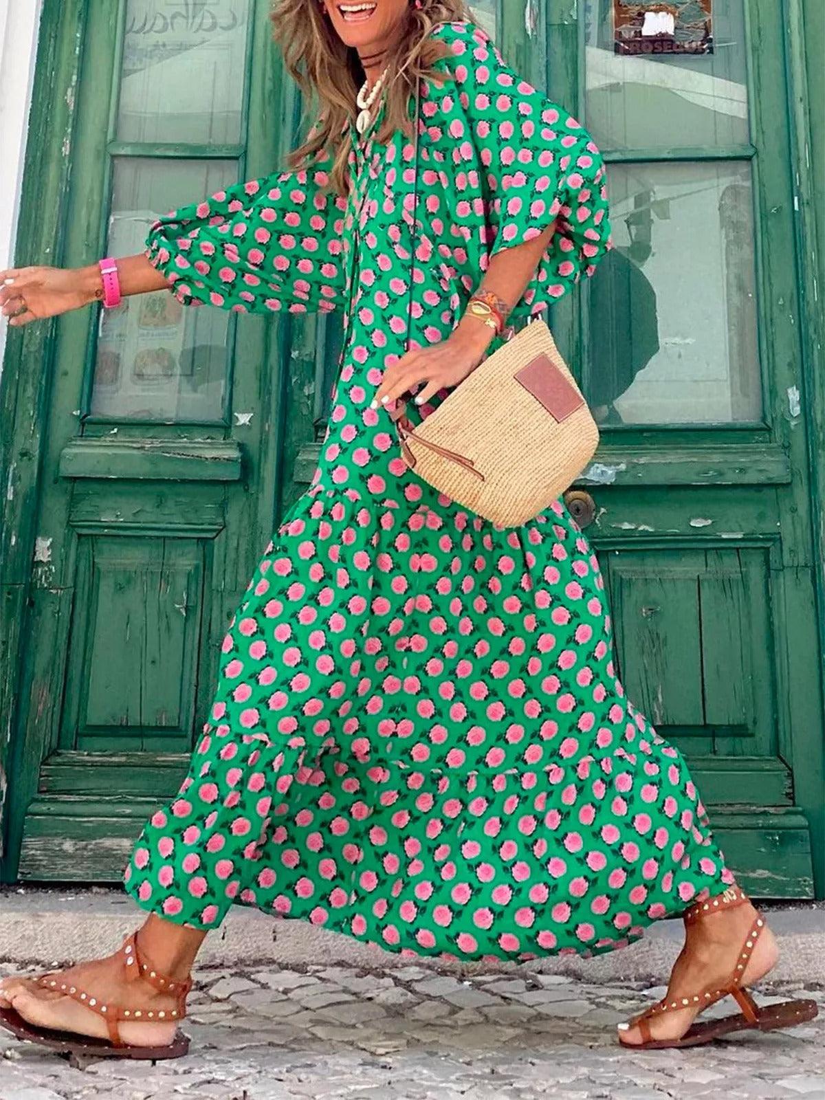 vmtvr - Hot Green Printed Vacation Loose Maxi Dresses