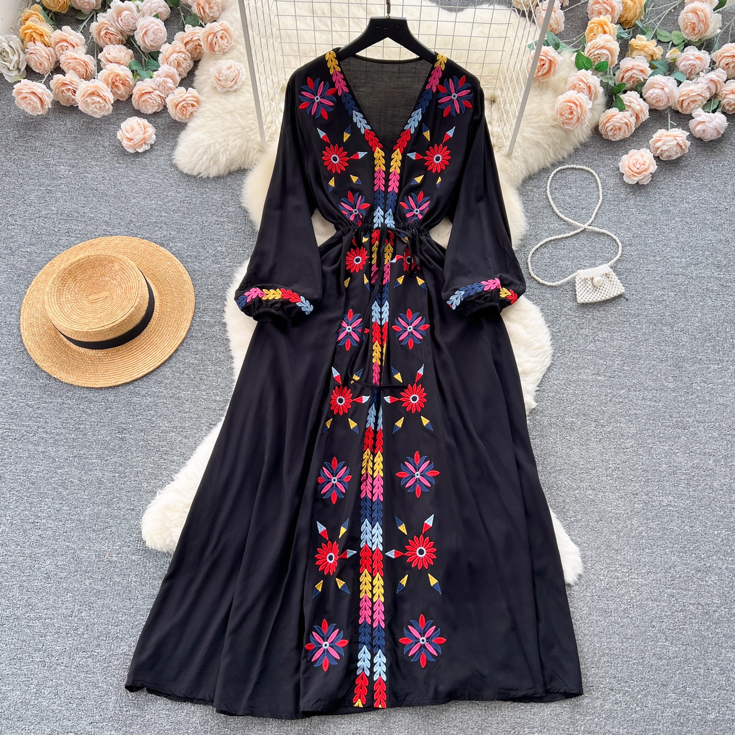 - Embroidered V-neck drawstring waist dress for women retro ethnic style holiday dress GEU558