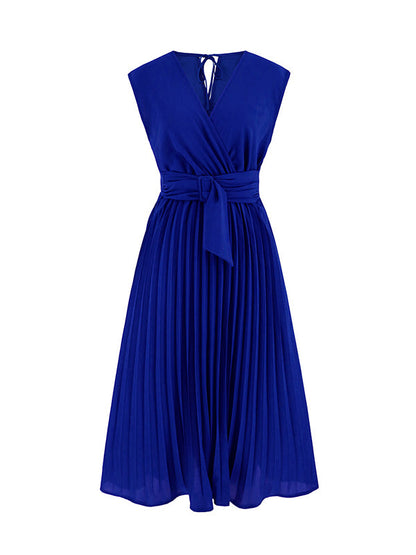 vmtvr - Sleeveless Pleated Solid Color Tied Waist V-Neck Midi Dresses