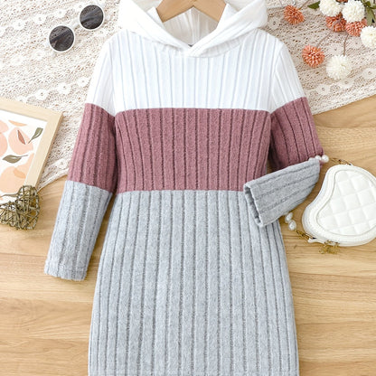 Casual Striped Hooded Knit Dress for Children - Polyester Blend, Slight Stretch, Solid Color, Long Sleeve, Spring/Fall Season, Fitted Regular Fit, Ages 12 and Under