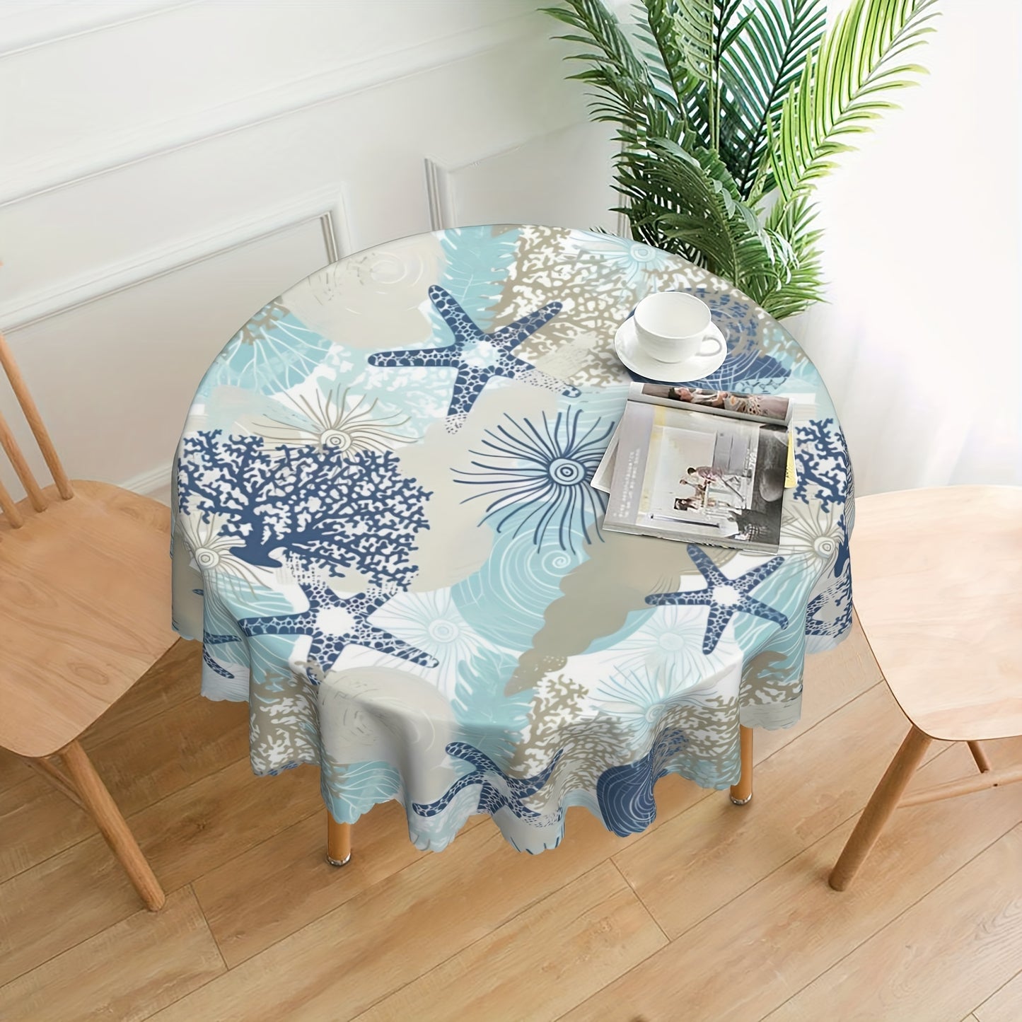 1pc Coastal Summer Round Tablecloth - Waterproof Stain Wrinkle Free Circle Table Cover for Indoor Outdoor Home Kit - Beach Starfish Coral Seashell Design, Easy Care, Durable, and Versatile Table Linen for Kitchen & Dining