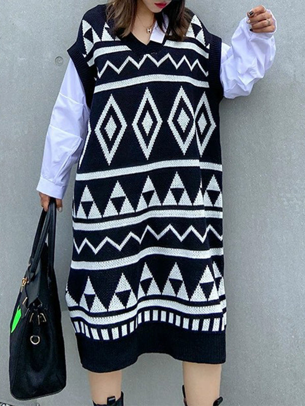 vmtvr - Long Sleeves Loose Contrast Color Diamond-Patterned Split-Joint Lapel Midi Dresses Sweater Dresses