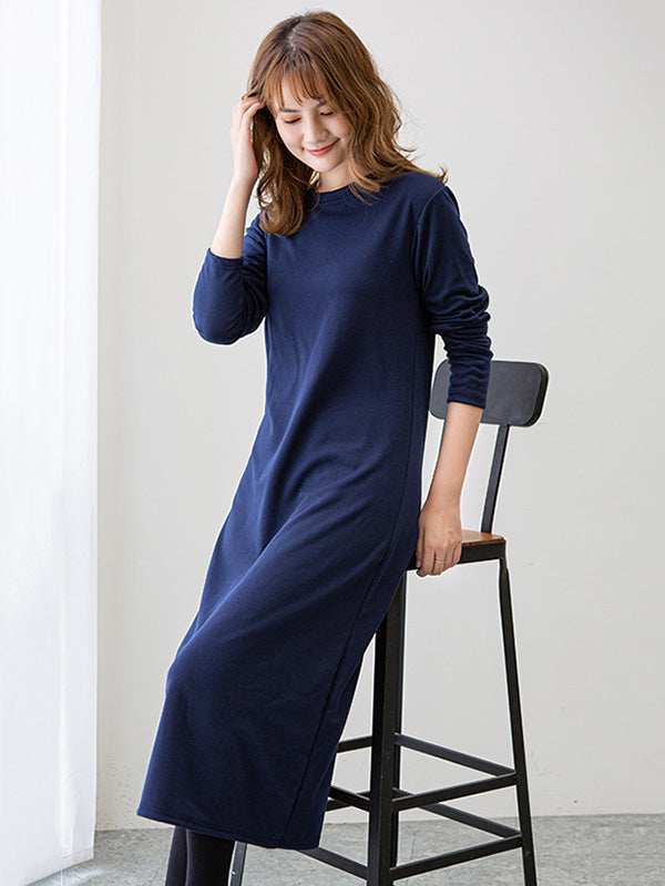 vmtvr - Simple Solid Color Round-Neck A-Line Midi Dress