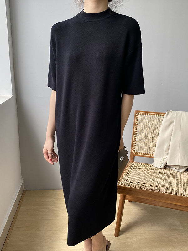 vmtvr - Loose Short Sleeves Solid Color Split-Joint Round-Neck Midi Dresses Sweater Dresses