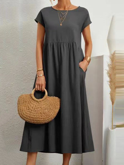 vmtvr - 11 Colors Simple Round-Neck Solid Color Midi Dress