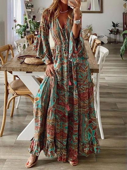 vmtvr - Women's Boho Floral Pattern Flared Sleeve Maxi Dress