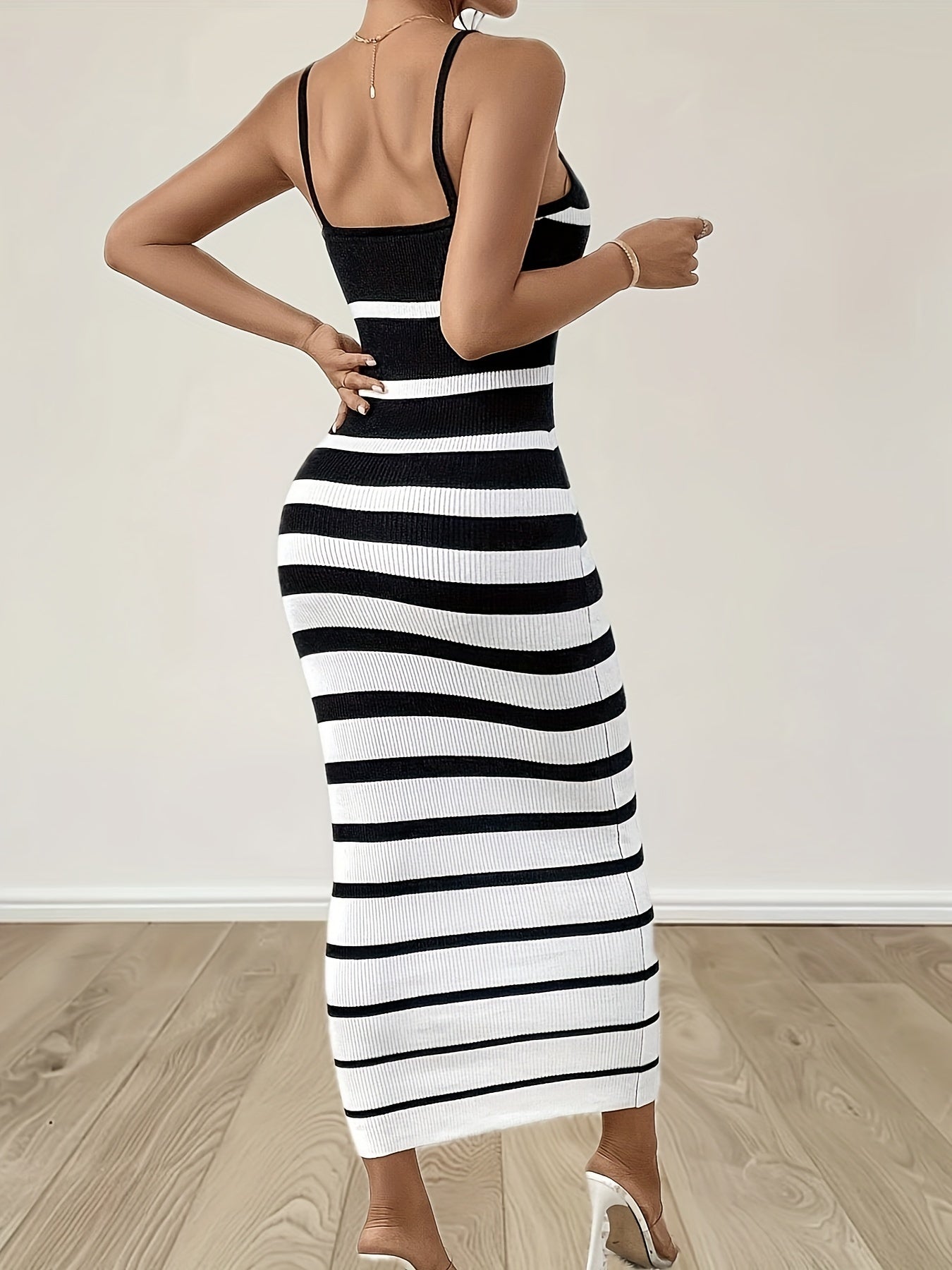 Striped Pattern Color Block Cami Dress, Elegant Sleeveless Knitted Bodycon Dress For Spring & Summer, Women's Clothing