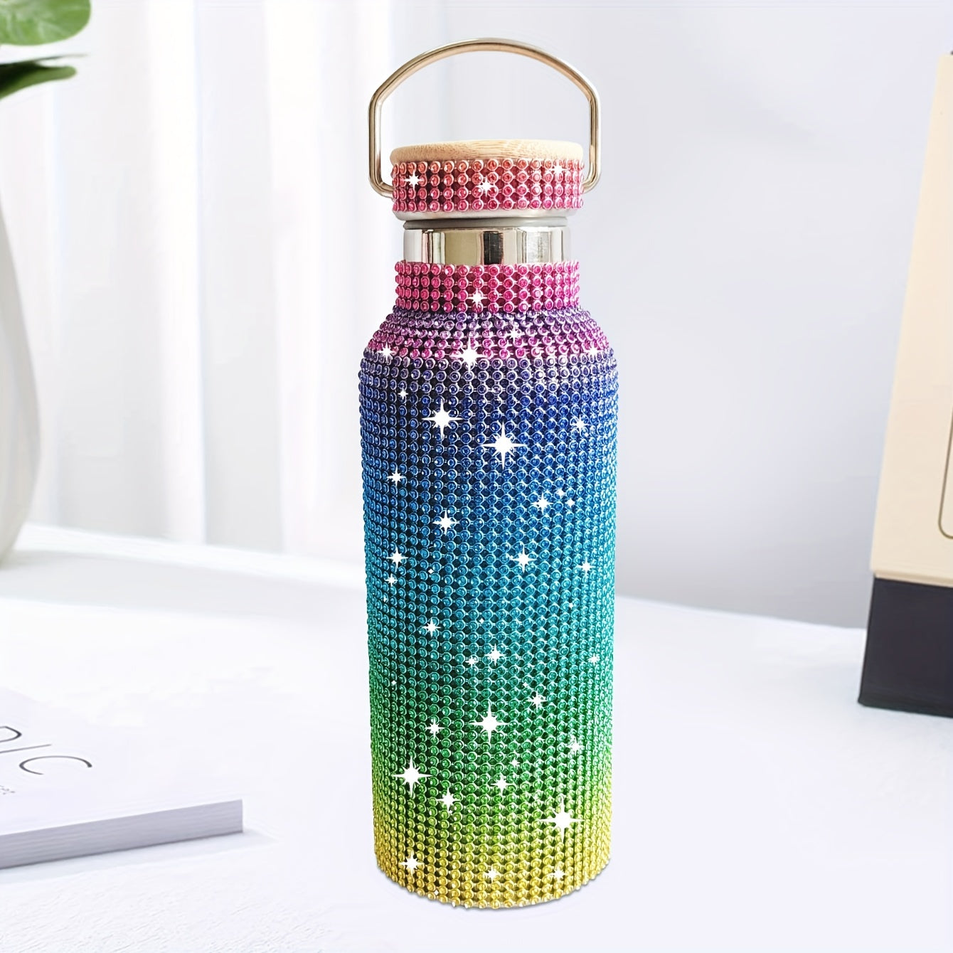 1pc, Sparkling Studded Vacuum Flask, Stainless Steel Insulated Water Bottles, 500ml/17oz Travel Thermal Cups, For Hot And Cold Beverages, Summer Winter Drinkware, Gifts