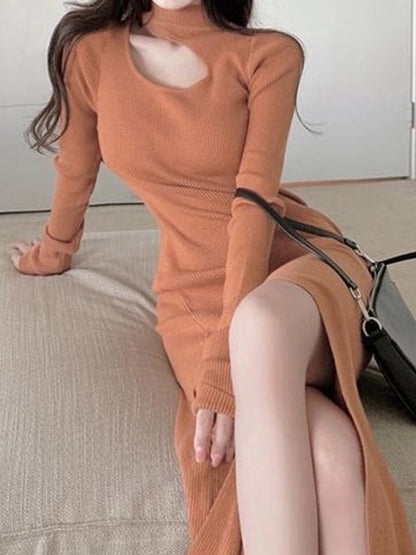 vmtvr - High Waisted Long Sleeves Hollow Solid Color Split-Side Mock Neck Midi Dresses Sweater Dresses