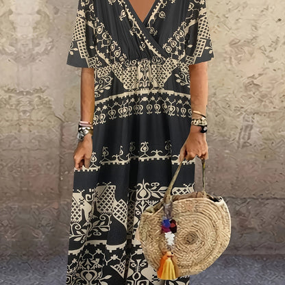 Plus Size Boho Dress, Women's Plus Geometric Print V Neck Short Sleeve Maxi Dress