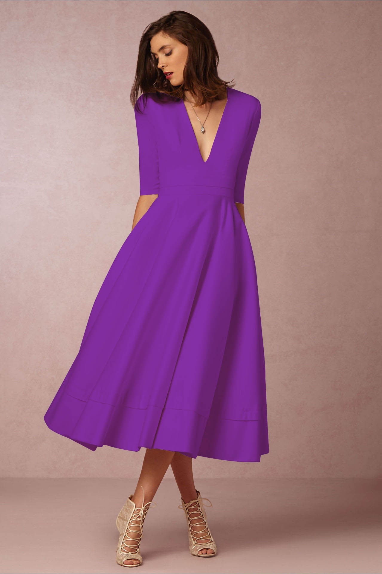 vmtvr - New Sexy Deep V Mid Sleeve Dress Midi Dress Skater Dresses