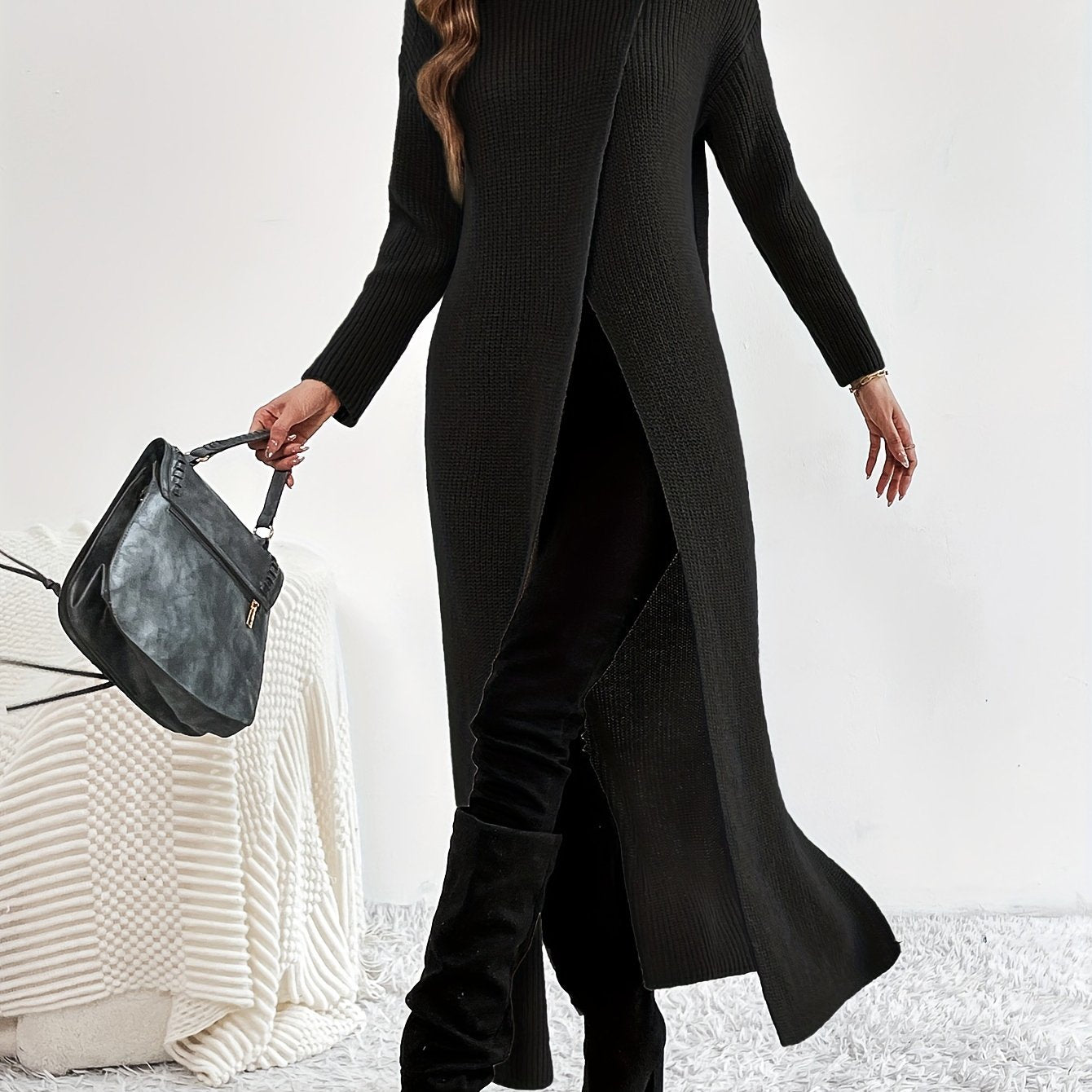 Solid High Neck Split Dress, Elegant Long Sleeve Maxi Dress, Women's Clothing