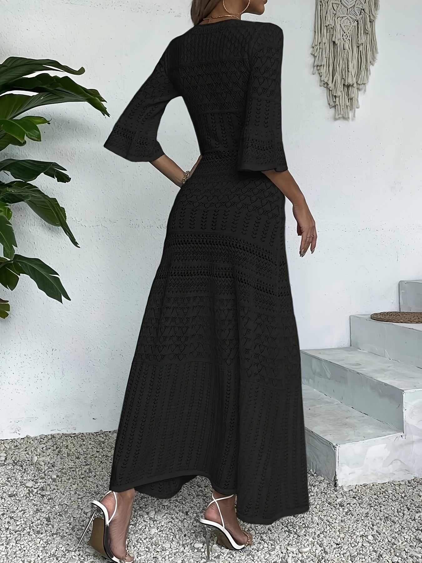 Hollow Out V Neck Knitted Dress, Elegant 3/4 Sleeve Ankle Length Dress For Spring & Summer, Women's Clothing