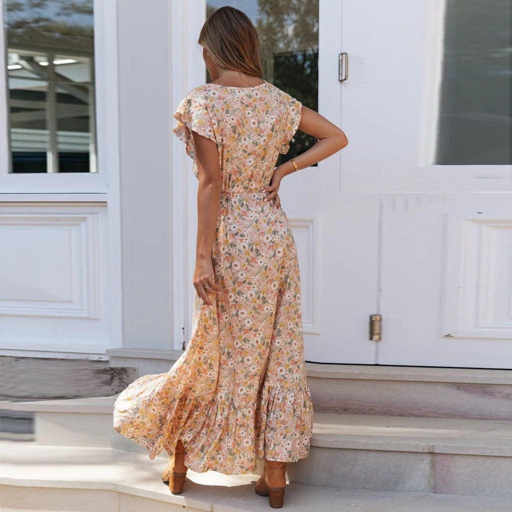 vmtvr - Summer Beach Maxi Dress Women Floral Print Boho Long Dress Ruffles Wrap Casual V-Neck Split Sexy Party Dress