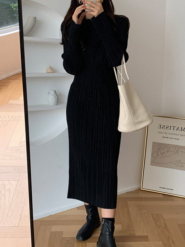 vmtvr - Simple Long Sleeves Black Split-Joint Elasticity Waist Pleated Midi Dress