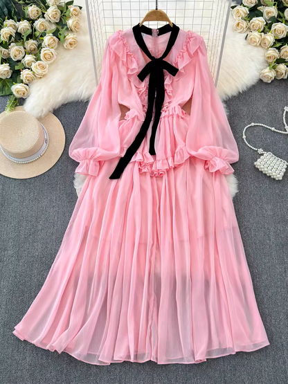 - Vintage style long sleeve bow V-neck ruffled A-line chiffon dress GEU1043