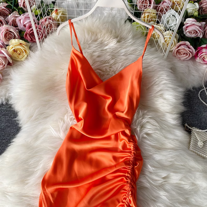 - Fashionable V-neck backless drawstring pleated satin suspender dress  GEU592