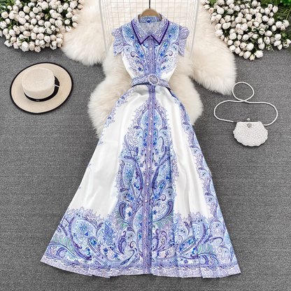 - Retro palace style single-breasted lapel printed dress elegant a-line long skirt GEU837