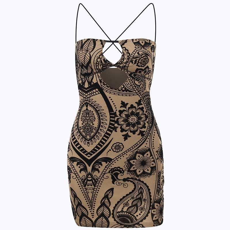 - Women's summer printed hollow sexy suspender dress GEU746