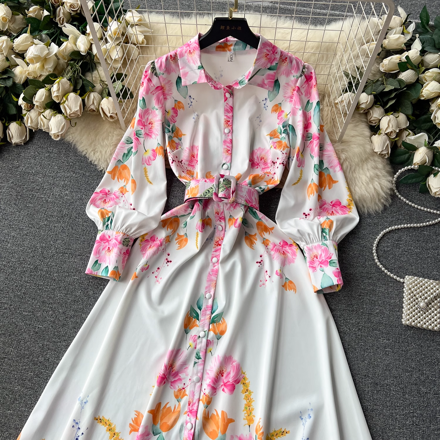 vmtvr- Lantern long-sleeved lapel single-breasted fashion print tie-waist elegant dress GEU423