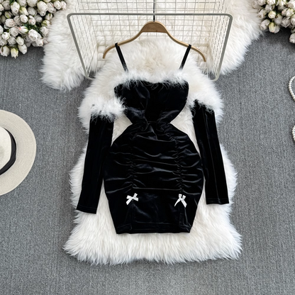 - Fashionable Christmas Sexy Furry Patchwork Bodycon Dress with Sleeves GEU950