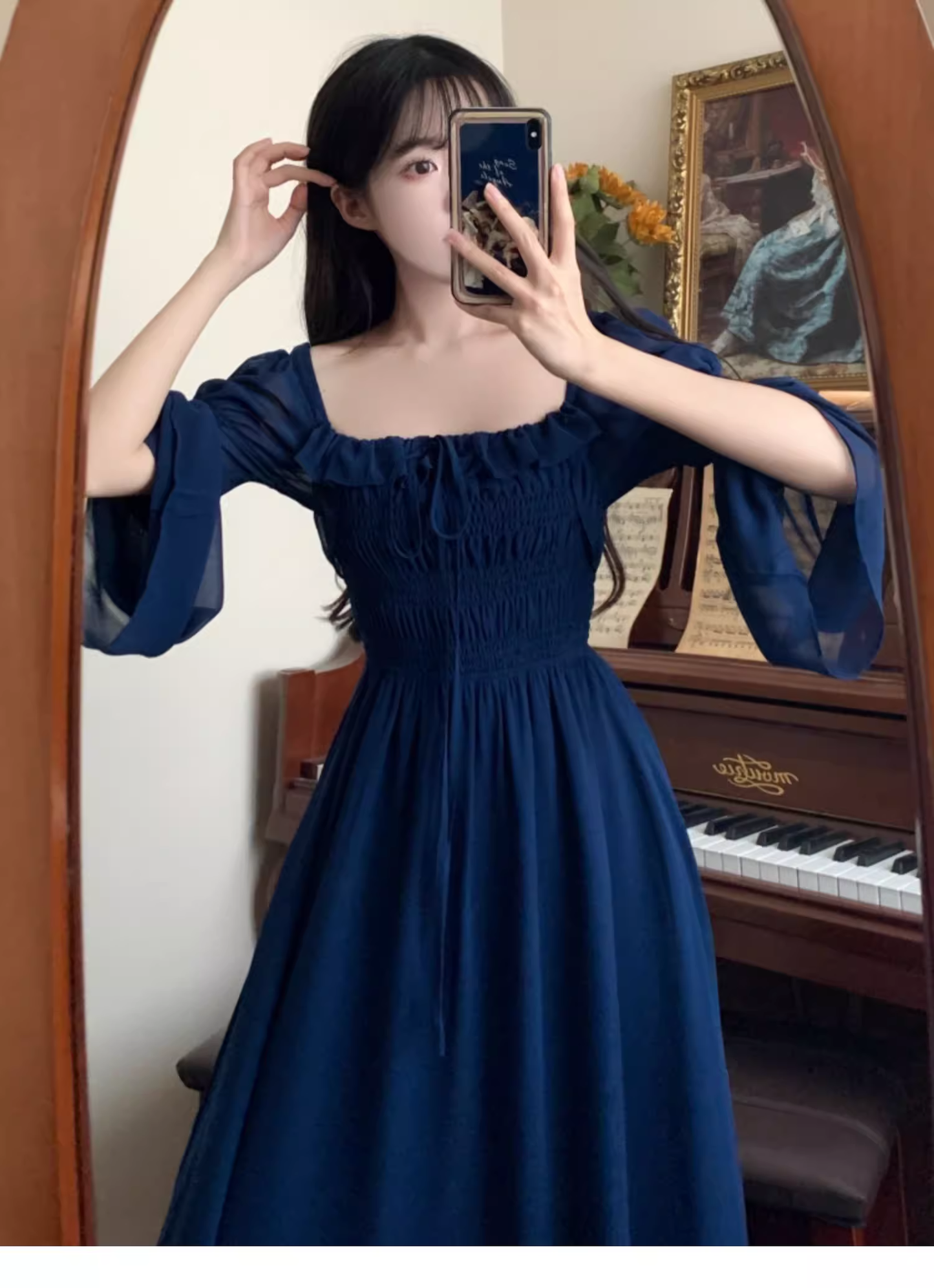 - Square Neck Spring Long Sleeve Dress GEU1555