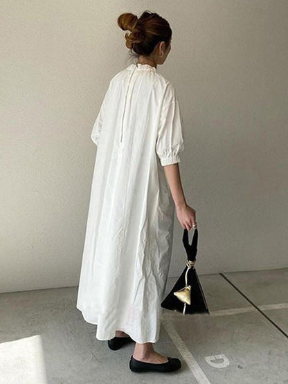 vmtvr - Simple Solid Color Stand Collar Loose Half Sleeve Dress