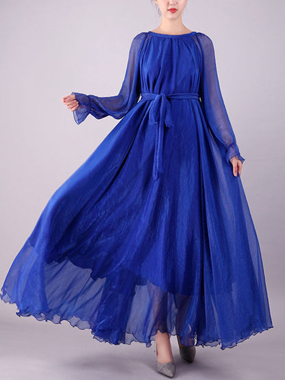 vmtvr - Long Sleeves Loose Falbala Gauze Pleated Solid Color Tied Waist Round-Neck Maxi Dresses