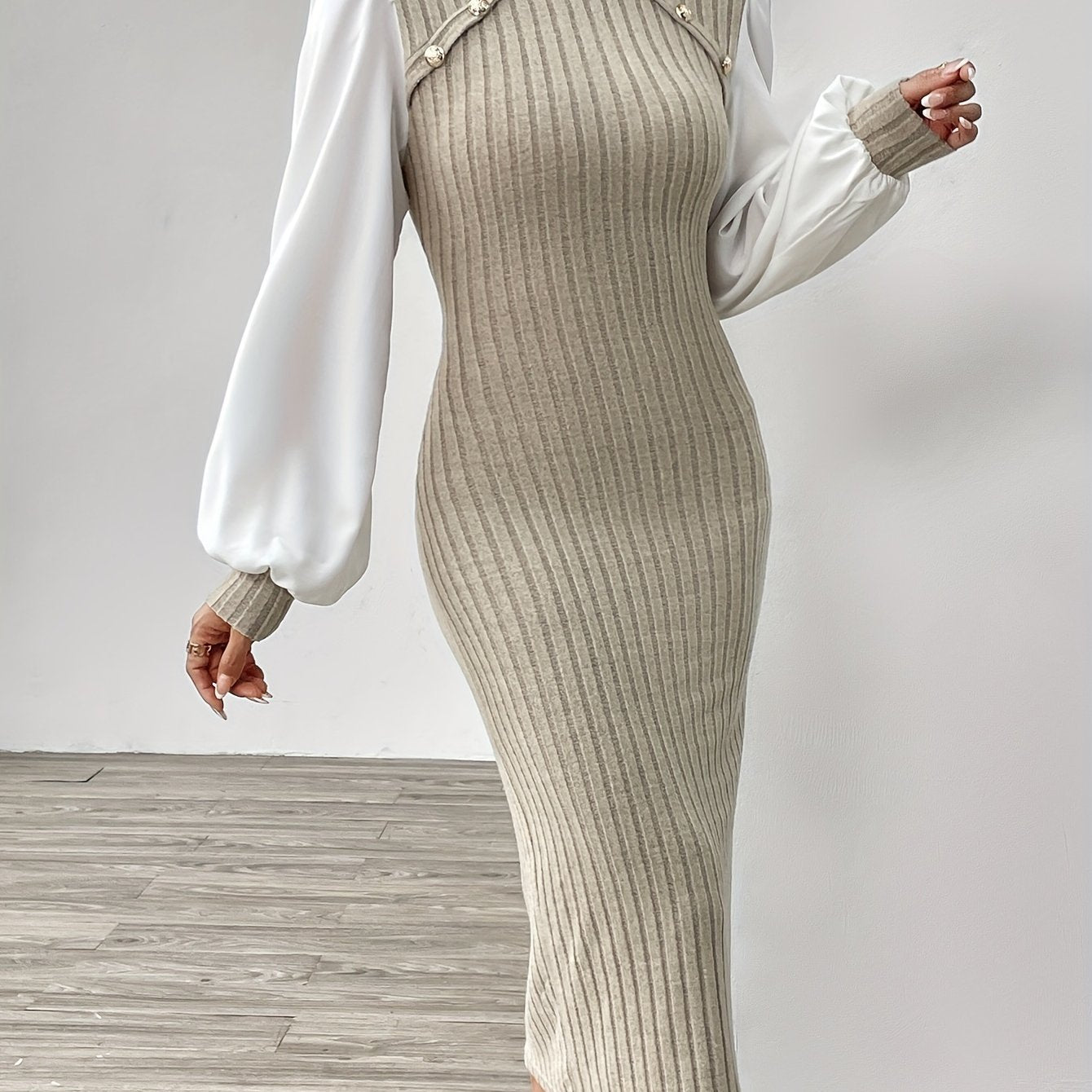 Ribbed Knit Button Decor Sheath Dress, Elegant Mock Neck Lantern Sleeve Midi Length Dress, Women's Clothing