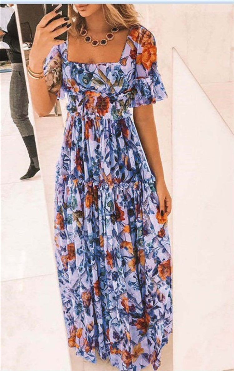 vmtvr - Sexy Short Sleeves Floral Print Off Shoulder Maxi Dress