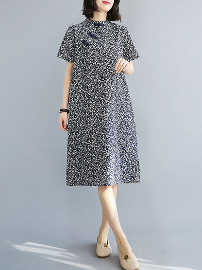 vmtvr - Artistic Retro Floral Printed Stand Collar Short Sleeves Cheongsam Midi Dress