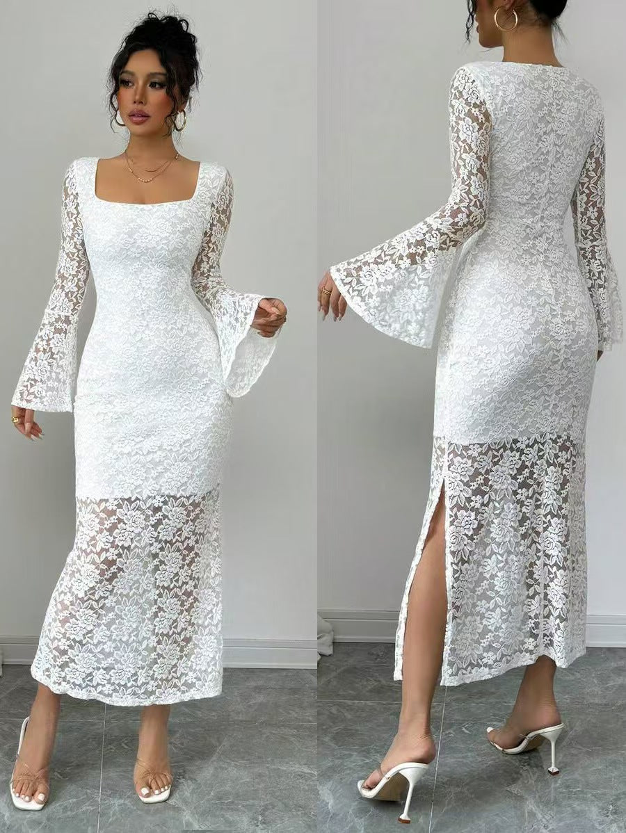 vmtvr - Guest Wedding Dress Woman Bodycon Shiny Square Collar Long Sleeves Lace Patchwork Birthday African Party Event Occasion Gown New