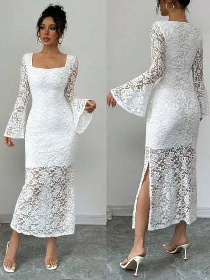 vmtvr - Guest Wedding Dress Woman Bodycon Shiny Square Collar Long Sleeves Lace Patchwork Birthday African Party Event Occasion Gown New