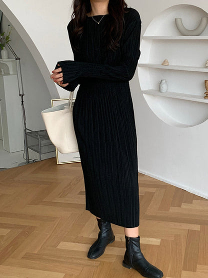 vmtvr - Simple Long Sleeves Black Split-Joint Elasticity Waist Pleated Midi Dress