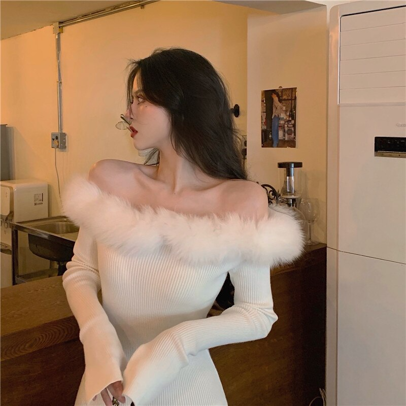 vmtvr Winter Kawaii Knitted Dress Women Sexy Patchwork Party Mini Dress Female Casual Korean Fashion Sweater Slim Dress New