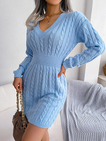 vmtvr - High Waisted Long Sleeves Solid Color V-Neck Mini Dresses Sweater Dresses