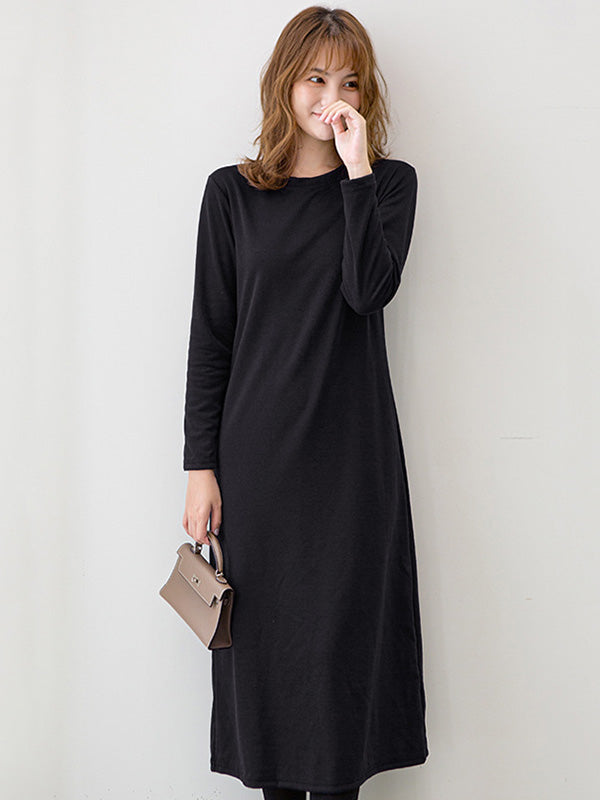 vmtvr - Simple Solid Color Round-Neck A-Line Midi Dress