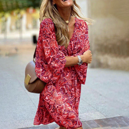 vmtvr - Boho Tribal Printed V Neck Long Sleeve Mini Dress