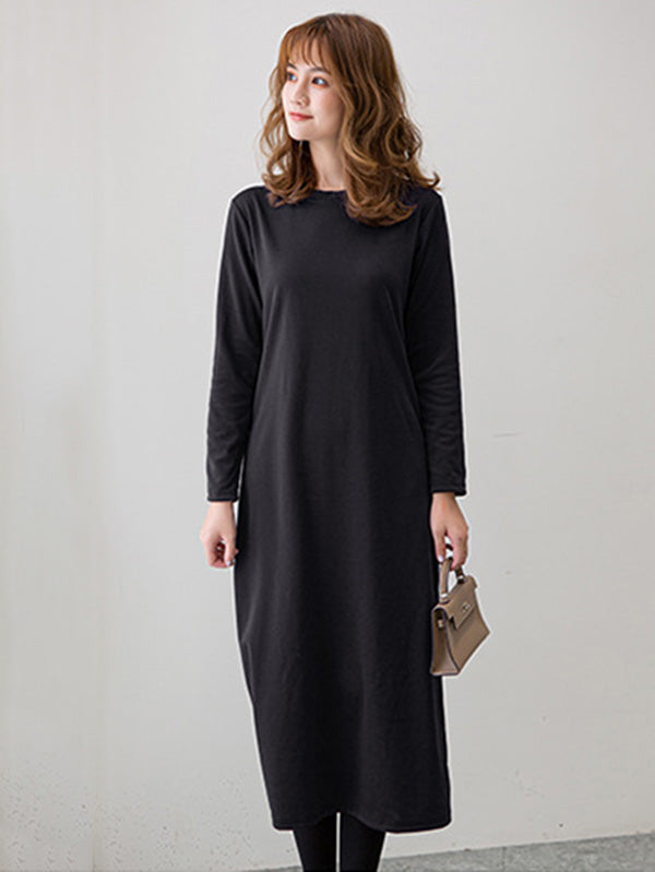 vmtvr - Simple Solid Color Round-Neck A-Line Midi Dress