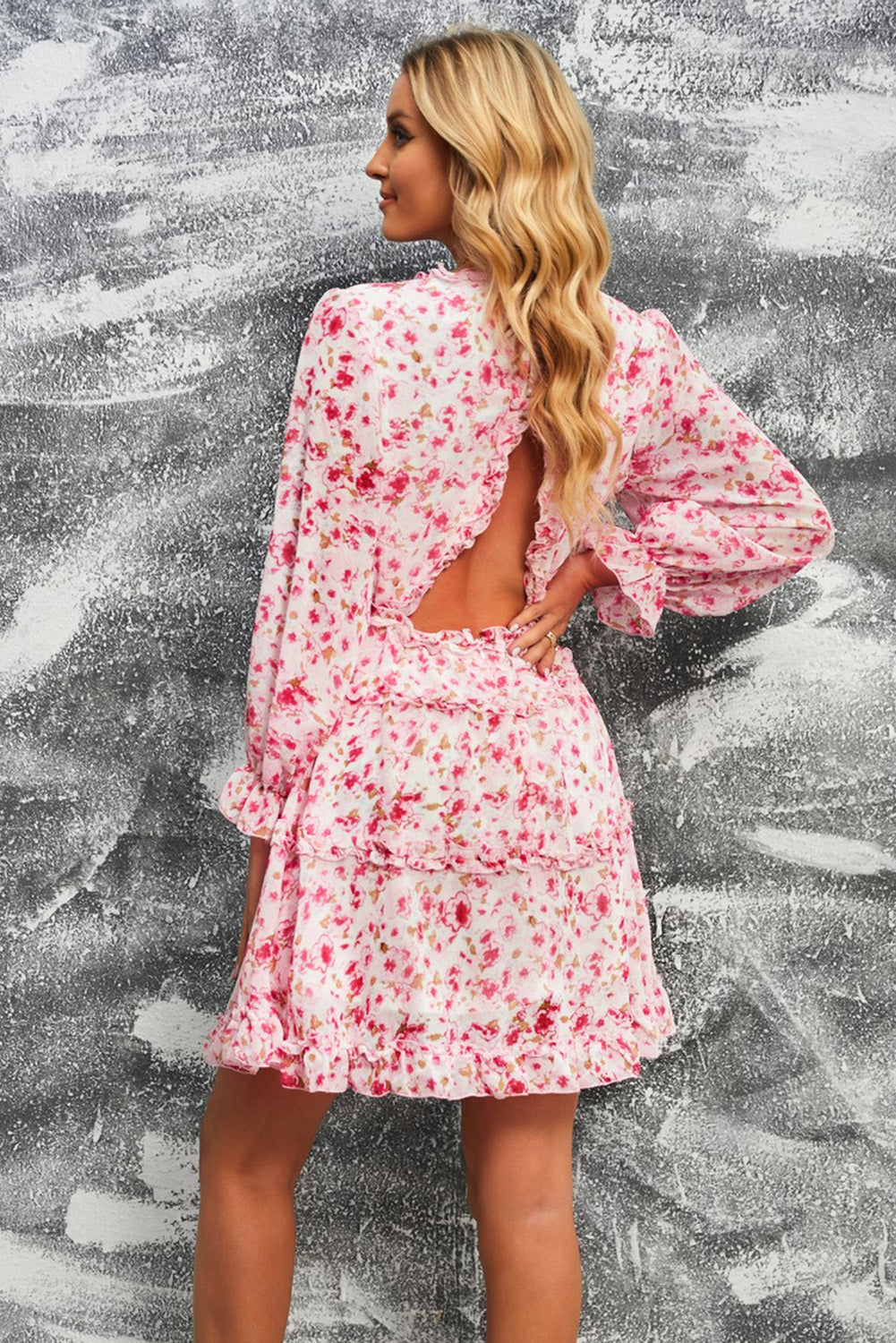 Classy Floral Frill Trim Plunge Flounce Sleeve Mini Dress