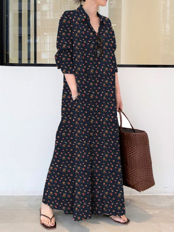 vmtvr - Vintage Printed Lapel Long Sleeve Shirt Maxi Dress