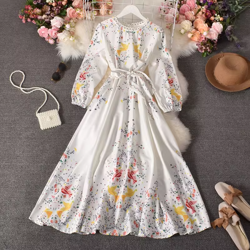 - Chiffon floral long skirt puff sleeve dress GEU531