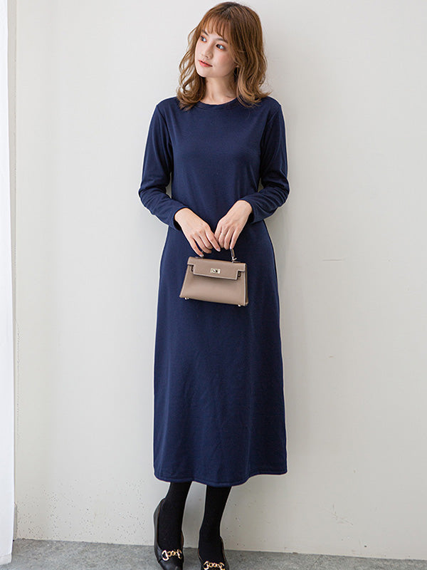 vmtvr - Simple Solid Color Round-Neck A-Line Midi Dress